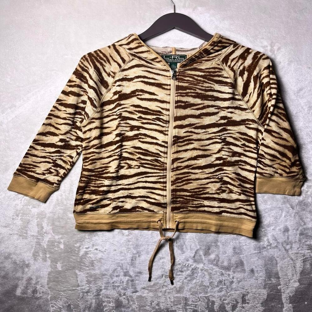 LRL Ralph Lauren Animal Print Waffle Hoodie Womens L Full Zip Activewear Natural